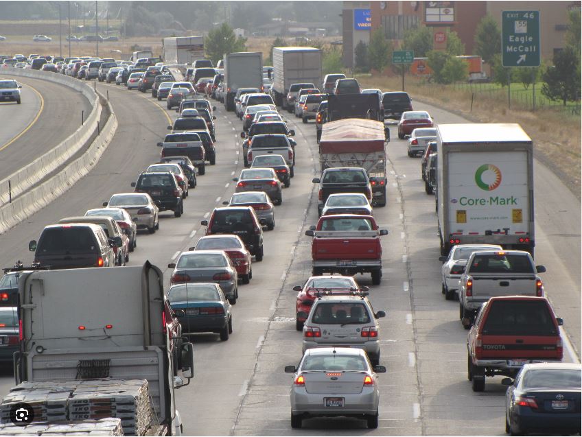 I-84 eastbound lanes with all four lanes backed up by stopped traffic.